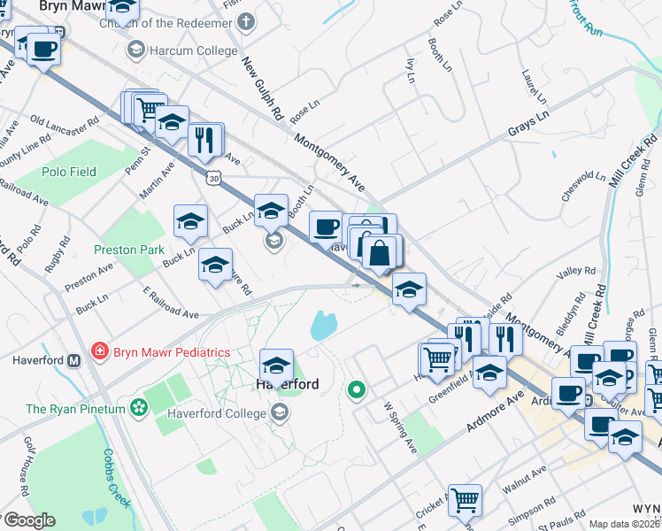map of restaurants, bars, coffee shops, grocery stores, and more near 417 Lancaster Avenue in Haverford