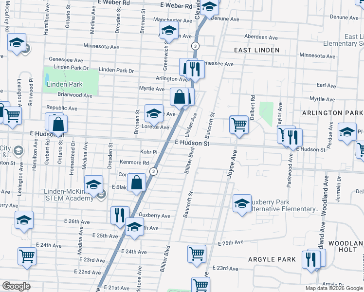 map of restaurants, bars, coffee shops, grocery stores, and more near 1633 East Hudson Street in Columbus