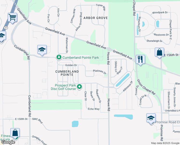 map of restaurants, bars, coffee shops, grocery stores, and more near 10381 Platinum Drive in Noblesville
