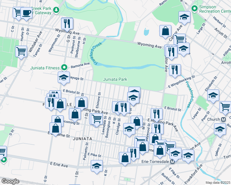 map of restaurants, bars, coffee shops, grocery stores, and more near 4321 Bennington Street in Philadelphia