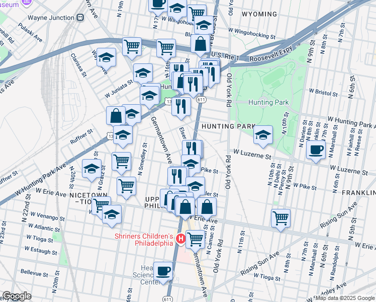 map of restaurants, bars, coffee shops, grocery stores, and more near 3914 Elser Street in Philadelphia