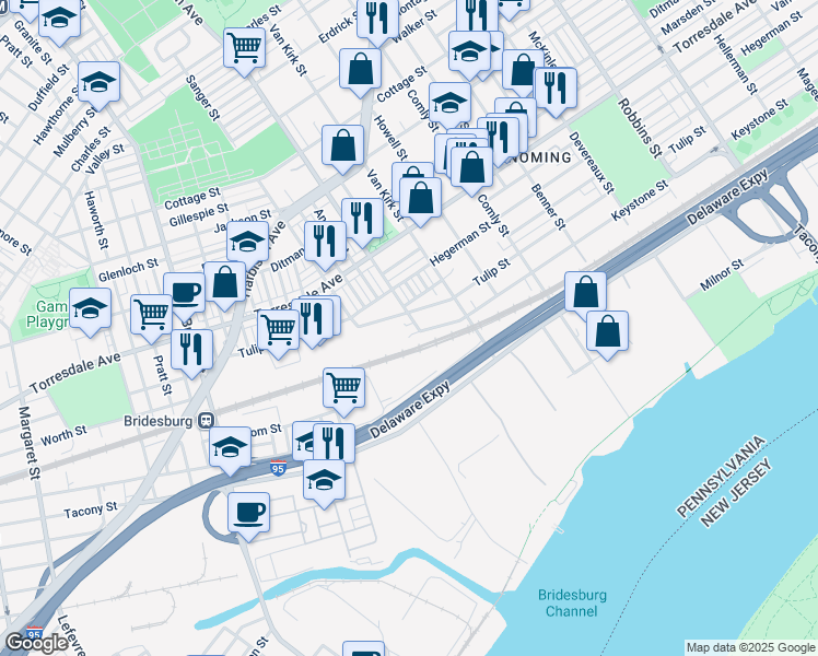 map of restaurants, bars, coffee shops, grocery stores, and more near 4910 East Cheltenham Avenue in Philadelphia