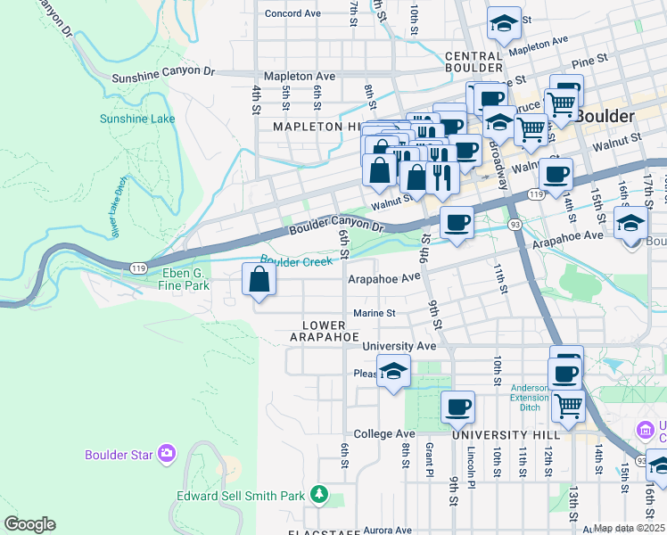 map of restaurants, bars, coffee shops, grocery stores, and more near 1777 6th Street in Boulder