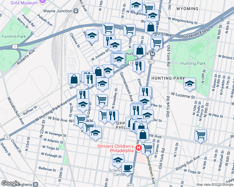 map of restaurants, bars, coffee shops, grocery stores, and more near 3923 North Smedley Street in Philadelphia