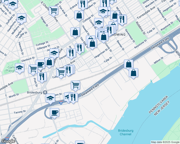 map of restaurants, bars, coffee shops, grocery stores, and more near 4910 East Cheltenham Avenue in Philadelphia