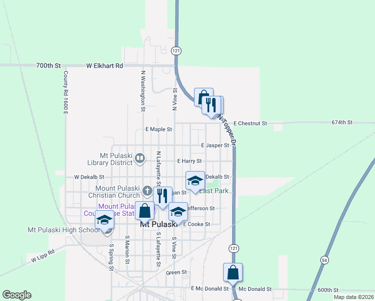 map of restaurants, bars, coffee shops, grocery stores, and more near East Jasper Street in Mount Pulaski