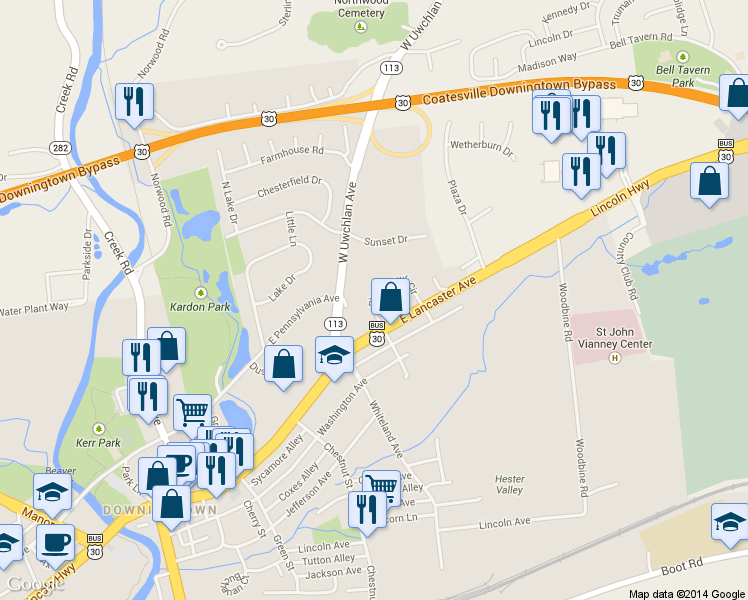 map of restaurants, bars, coffee shops, grocery stores, and more near 110 West Uwchlan Avenue in Downingtown