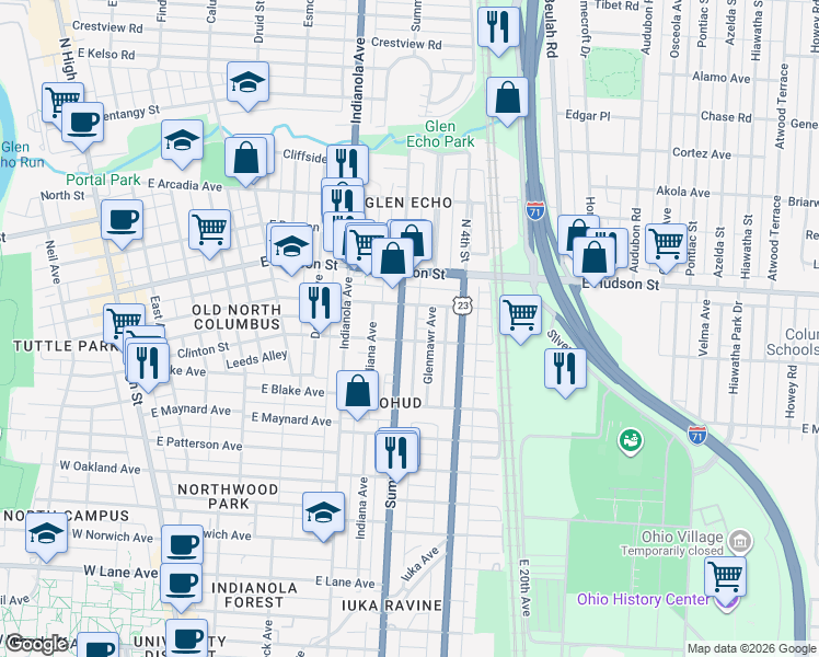 map of restaurants, bars, coffee shops, grocery stores, and more near 429 East Tompkins Street in Columbus