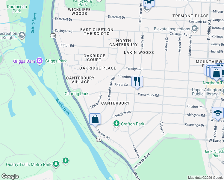 map of restaurants, bars, coffee shops, grocery stores, and more near 2920 South Dorchester Road in Upper Arlington