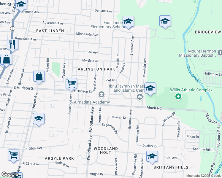 map of restaurants, bars, coffee shops, grocery stores, and more near 2188 Woodland Avenue in Columbus
