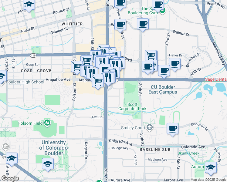 map of restaurants, bars, coffee shops, grocery stores, and more near in Boulder