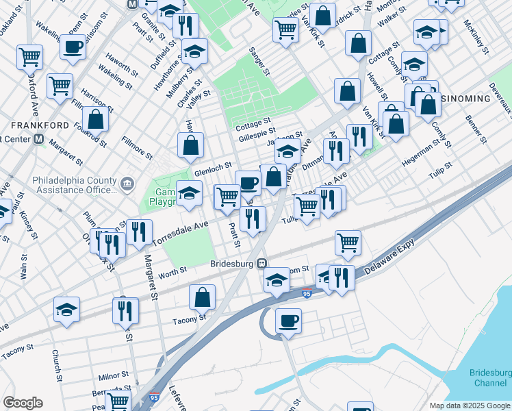 map of restaurants, bars, coffee shops, grocery stores, and more near 2065 Bridge Street in Philadelphia