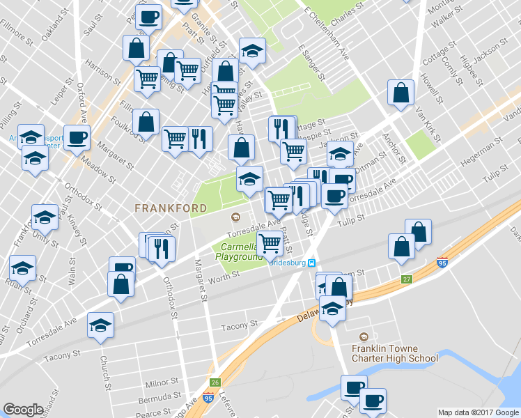 map of restaurants, bars, coffee shops, grocery stores, and more near 5004 Ditman Street in Philadelphia