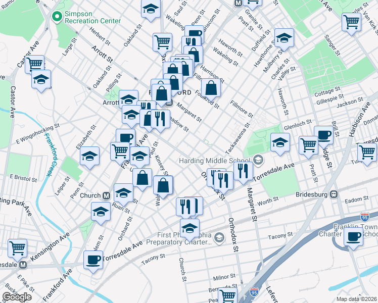 map of restaurants, bars, coffee shops, grocery stores, and more near 1702 Plum Street in Philadelphia
