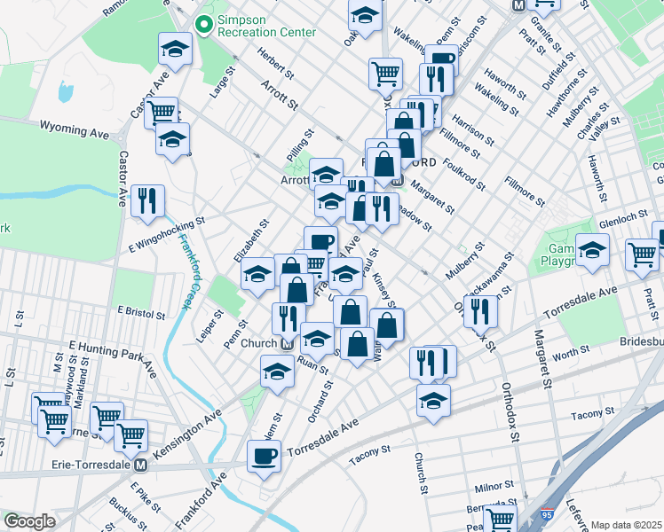 map of restaurants, bars, coffee shops, grocery stores, and more near 4460 Frankford Avenue in Philadelphia