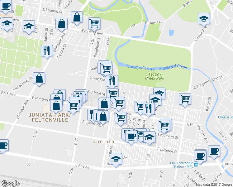 map of restaurants, bars, coffee shops, grocery stores, and more near 4332 I Street in Philadelphia