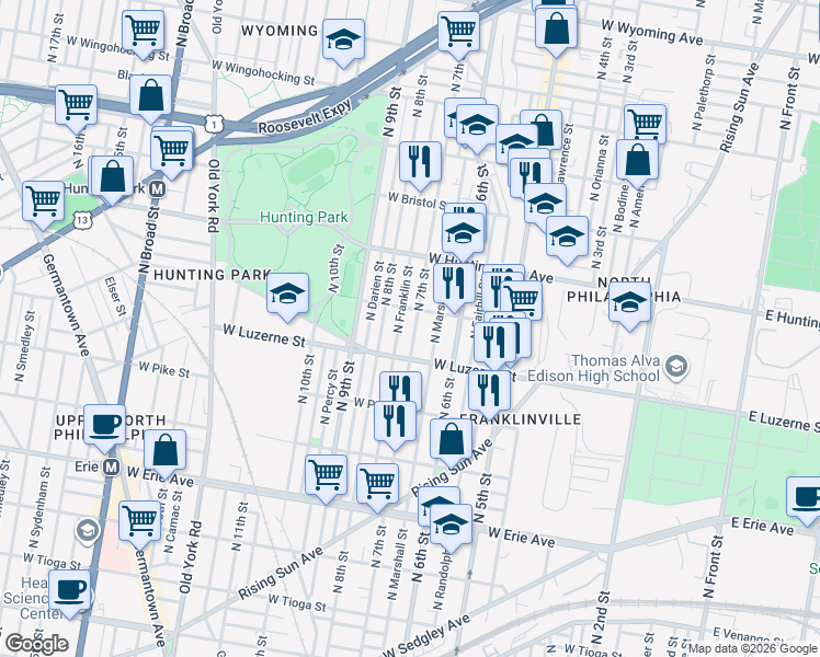 map of restaurants, bars, coffee shops, grocery stores, and more near 709 West Lycoming Street in Philadelphia