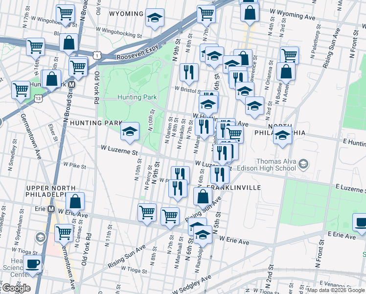map of restaurants, bars, coffee shops, grocery stores, and more near 709 West Lycoming Street in Philadelphia