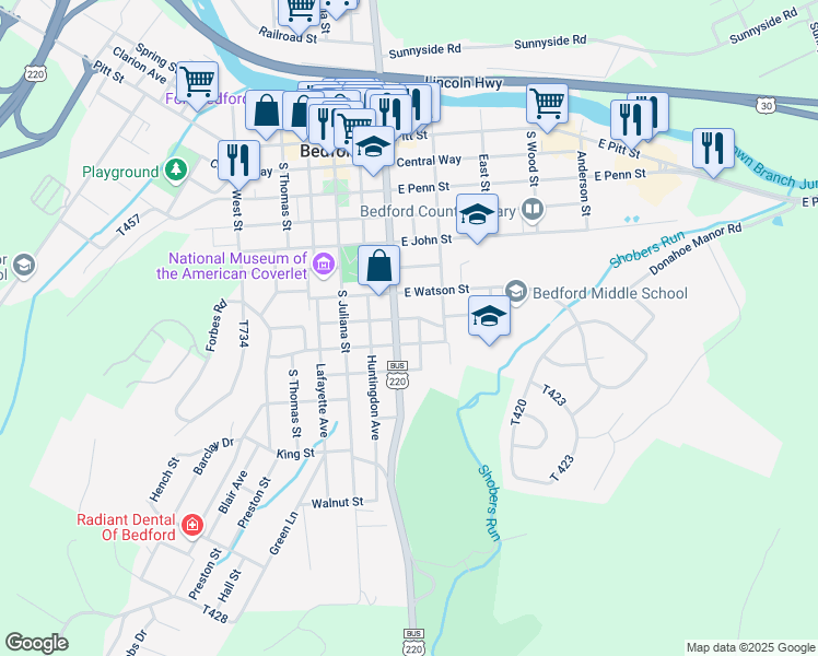 map of restaurants, bars, coffee shops, grocery stores, and more near 401-421 South Richard Street in Bedford