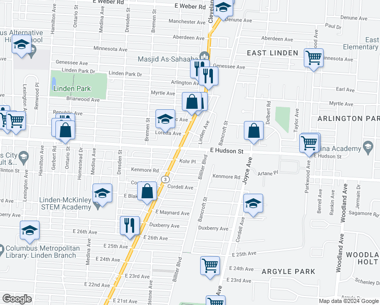 map of restaurants, bars, coffee shops, grocery stores, and more near 2310 Cleveland Avenue in Columbus