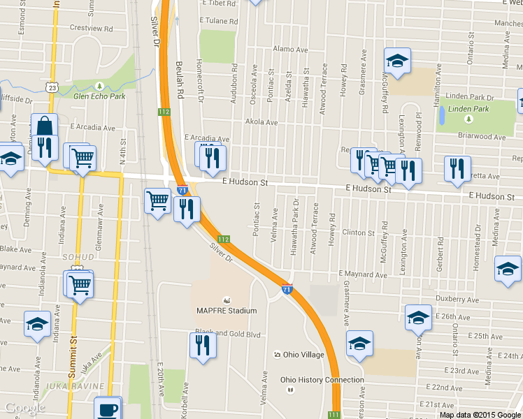 map of restaurants, bars, coffee shops, grocery stores, and more near 2418 Pontiac Street in Columbus
