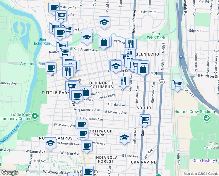 map of restaurants, bars, coffee shops, grocery stores, and more near 205 East Tompkins Street in Columbus