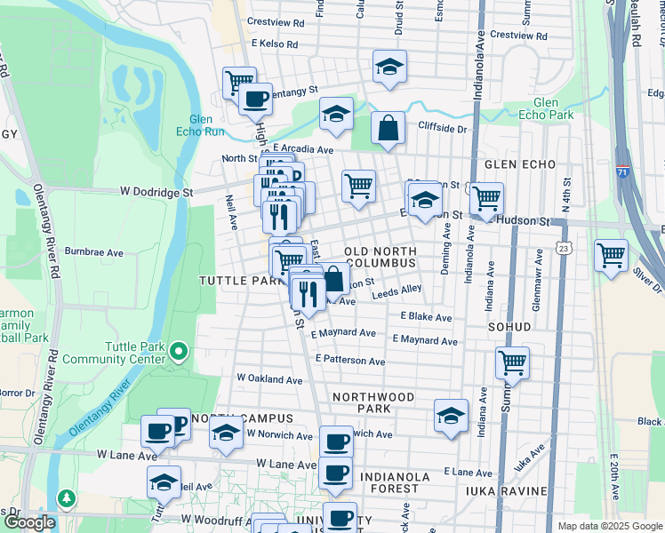 map of restaurants, bars, coffee shops, grocery stores, and more near 98 East Tompkins Street in Columbus