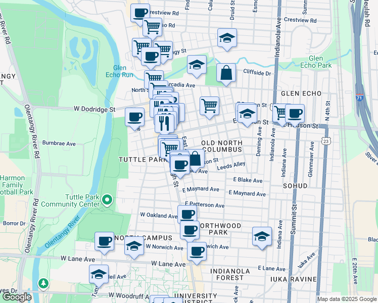 map of restaurants, bars, coffee shops, grocery stores, and more near 42 East Tompkins Street in Columbus