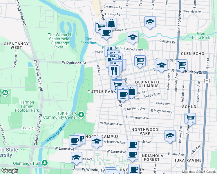 map of restaurants, bars, coffee shops, grocery stores, and more near 59 West Hudson Street in Columbus