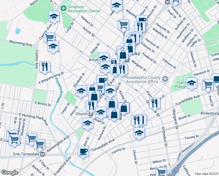 map of restaurants, bars, coffee shops, grocery stores, and more near 4458 Frankford Avenue in Philadelphia