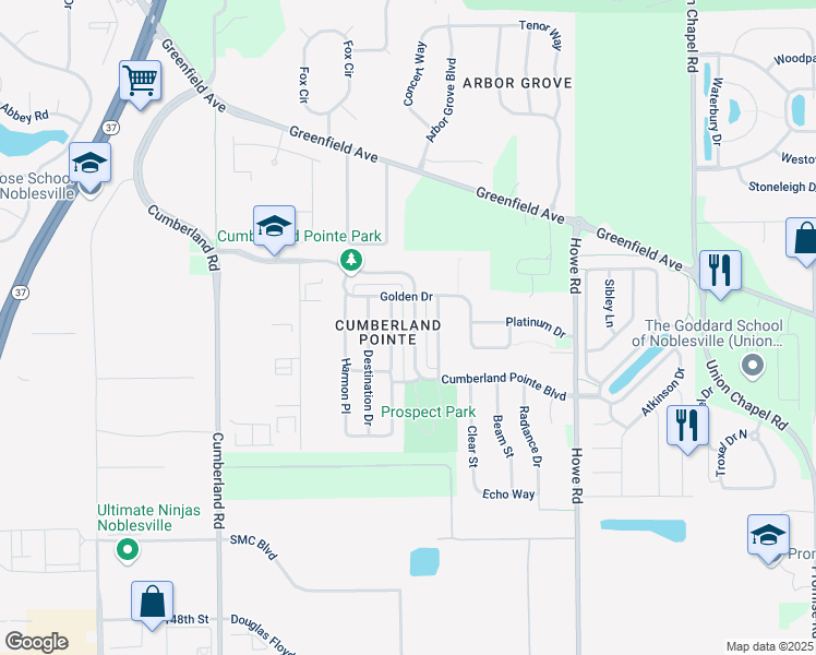 map of restaurants, bars, coffee shops, grocery stores, and more near 10203 Cumberland Pointe Boulevard in Noblesville