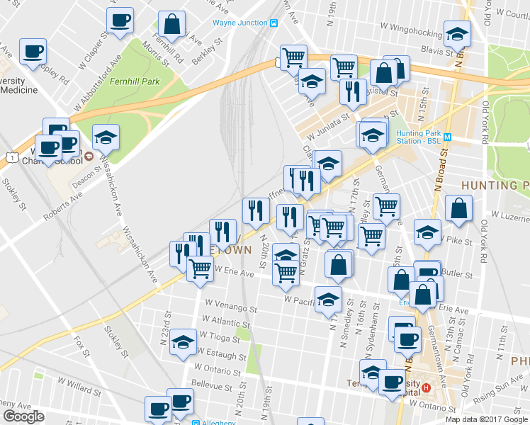 map of restaurants, bars, coffee shops, grocery stores, and more near 3863 Archer Street in Philadelphia