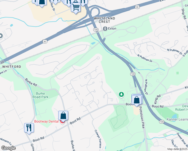 map of restaurants, bars, coffee shops, grocery stores, and more near 375 Wells Terrace in West Chester