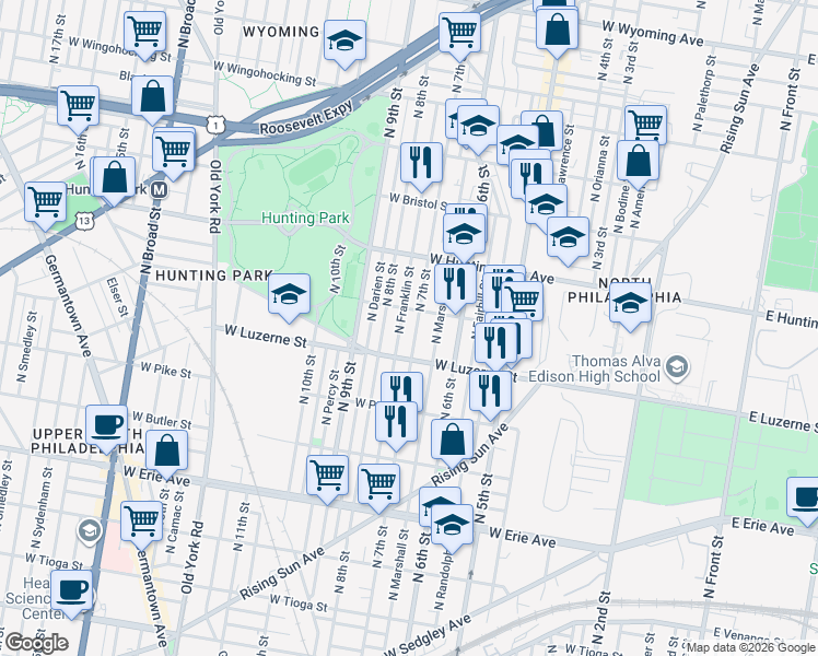 map of restaurants, bars, coffee shops, grocery stores, and more near 709 West Lycoming Street in Philadelphia
