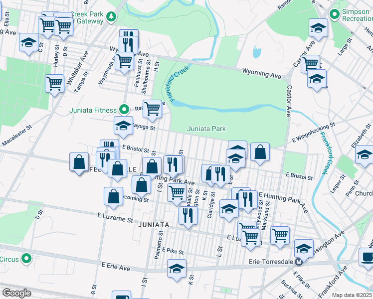 map of restaurants, bars, coffee shops, grocery stores, and more near 4314 J Street in Philadelphia