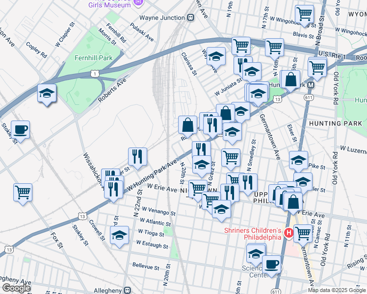 map of restaurants, bars, coffee shops, grocery stores, and more near 3863 Archer Street in Philadelphia