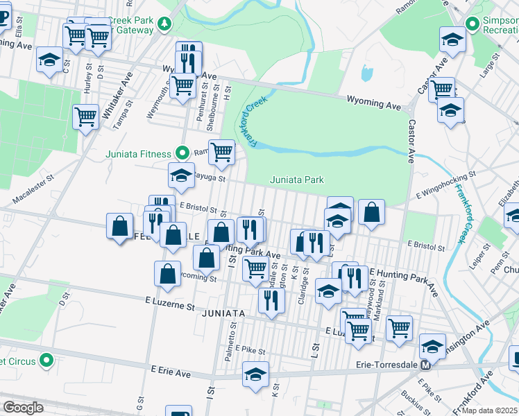 map of restaurants, bars, coffee shops, grocery stores, and more near 4312 Elsinore Street in Philadelphia