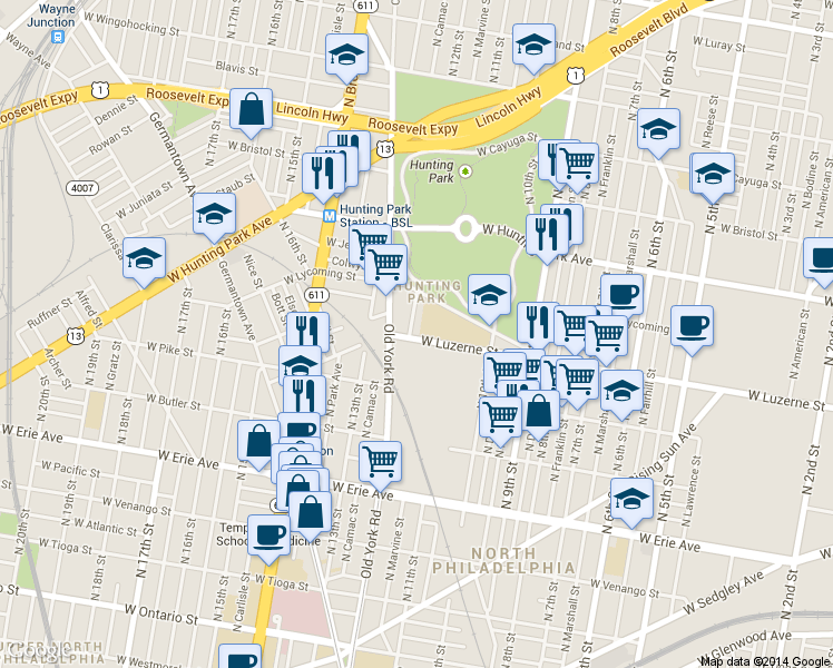 map of restaurants, bars, coffee shops, grocery stores, and more near 4003 North 12th Street in Philadelphia