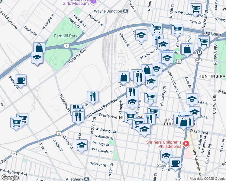 map of restaurants, bars, coffee shops, grocery stores, and more near 3882 Blaine Street in Philadelphia