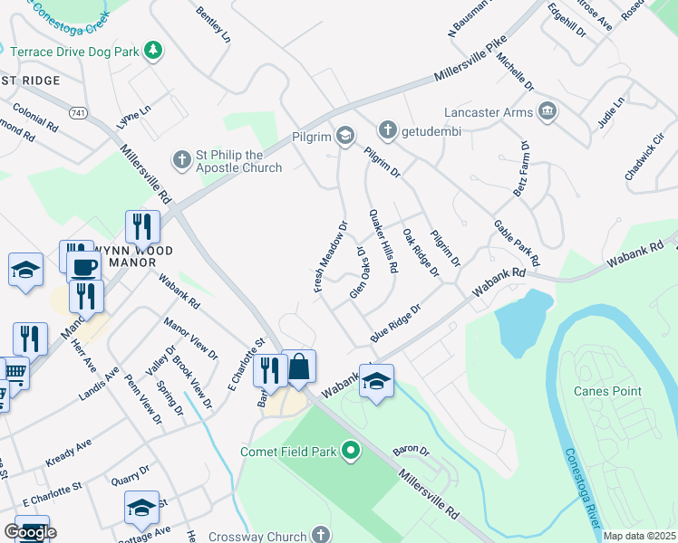 map of restaurants, bars, coffee shops, grocery stores, and more near 112 Village Green Lane in Lancaster