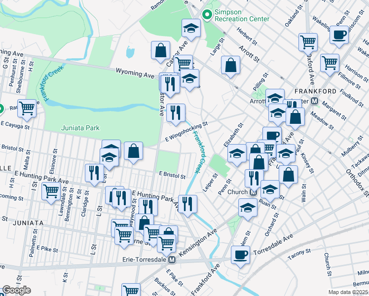map of restaurants, bars, coffee shops, grocery stores, and more near 4407 O Street in Philadelphia