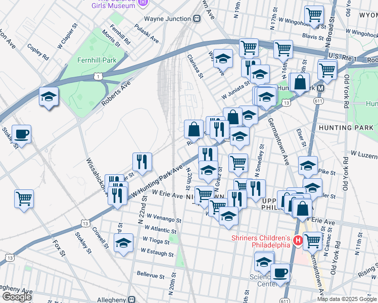 map of restaurants, bars, coffee shops, grocery stores, and more near 3865 Archer Street in Philadelphia