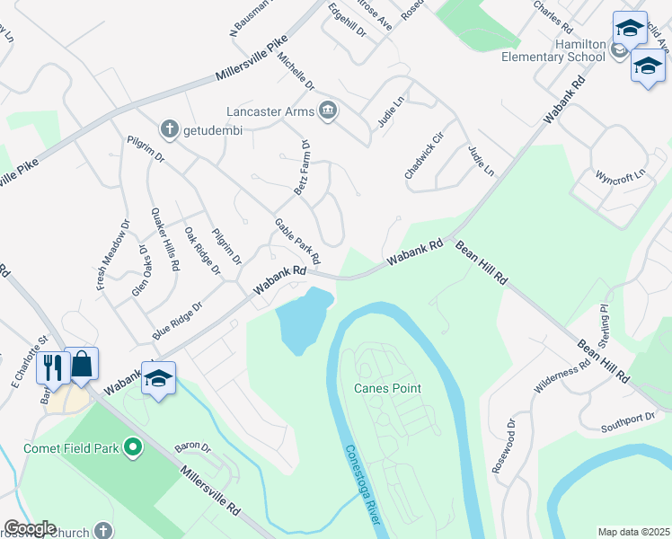 map of restaurants, bars, coffee shops, grocery stores, and more near 33 Mill Pond Drive in Lancaster