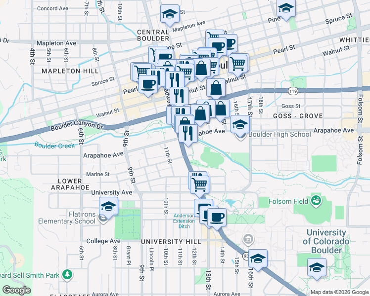 map of restaurants, bars, coffee shops, grocery stores, and more near 1632 Broadway in Boulder