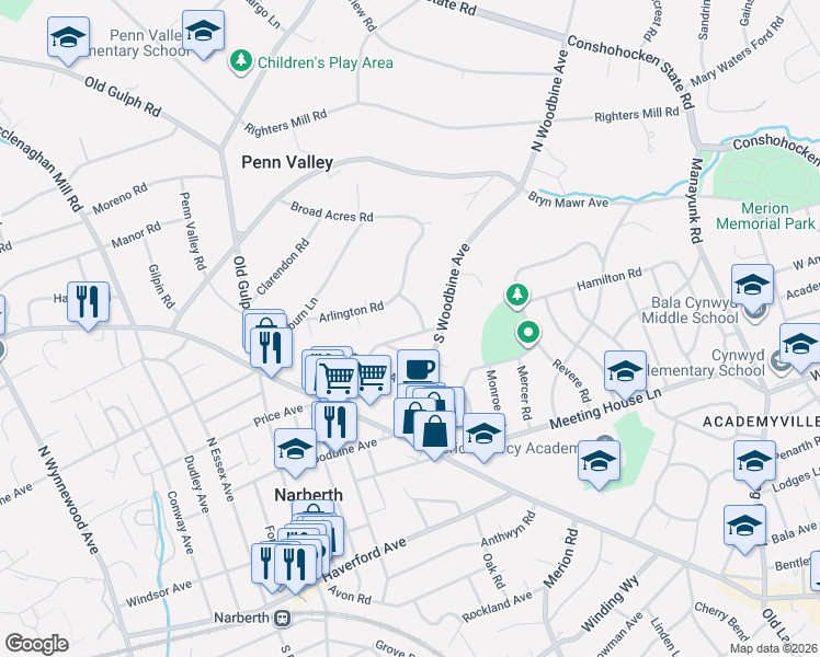 map of restaurants, bars, coffee shops, grocery stores, and more near 708 Broad Acres Road in Penn Valley