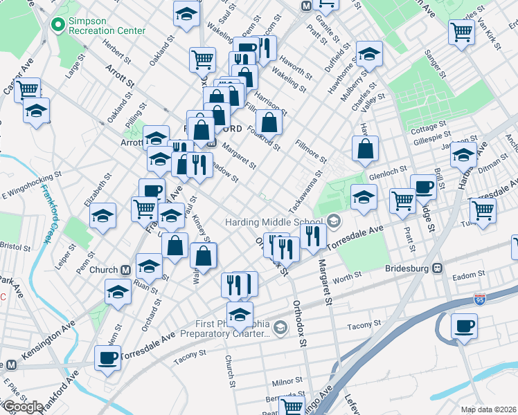 map of restaurants, bars, coffee shops, grocery stores, and more near 1732 Meadow Street in Philadelphia