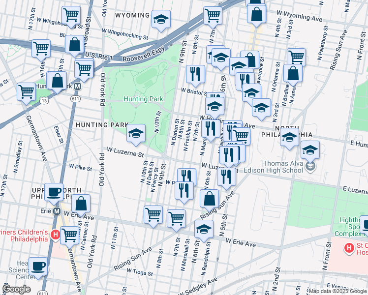 map of restaurants, bars, coffee shops, grocery stores, and more near 4038 North Franklin Street in Philadelphia