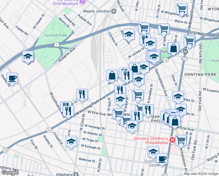 map of restaurants, bars, coffee shops, grocery stores, and more near 3865 Archer Street in Philadelphia