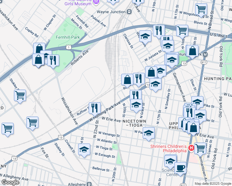 map of restaurants, bars, coffee shops, grocery stores, and more near 3882 Blaine Street in Philadelphia