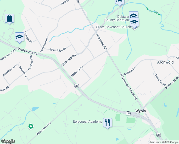 map of restaurants, bars, coffee shops, grocery stores, and more near 1046 Millbrook Road in Berwyn